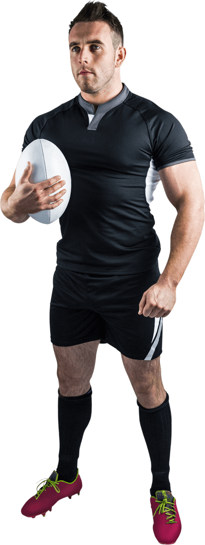 Rugby Player Holding Ball in Transparent Background with Intense Expression