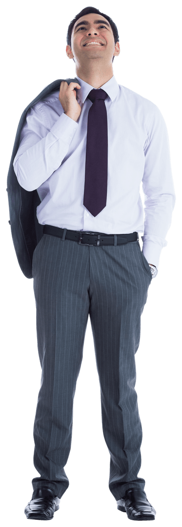 Businessman Gazing Upward Holding Jacket on Transparent Background