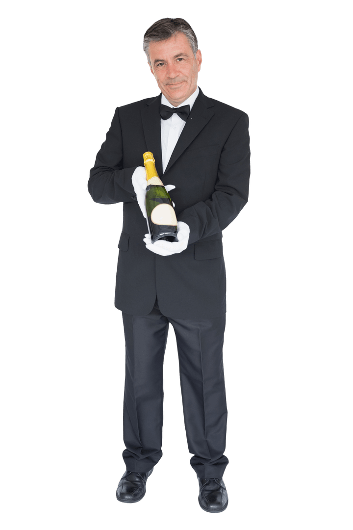 Senior Waiter in Formal Attire Offering Champagne Transparent