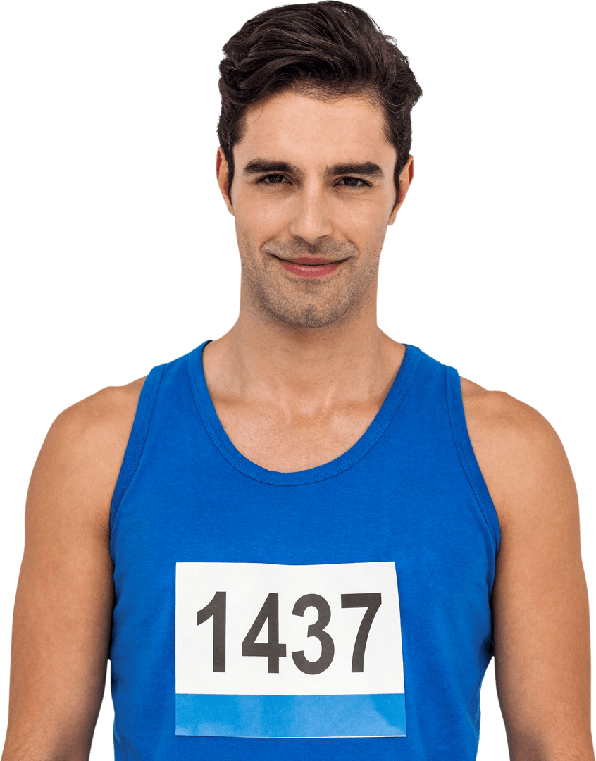 Caucasian Sportsman in Blue Tank Top with Race Bib Transparent
