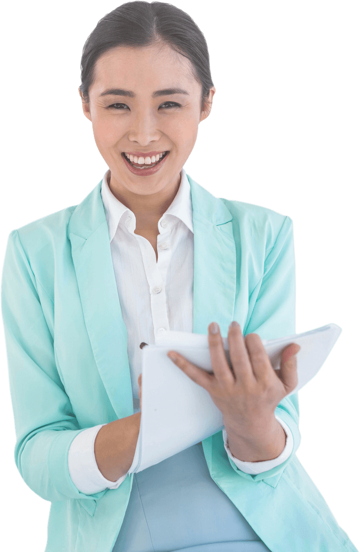 Transparent Businesswoman Smiling While Holding Notes with Professional Attire