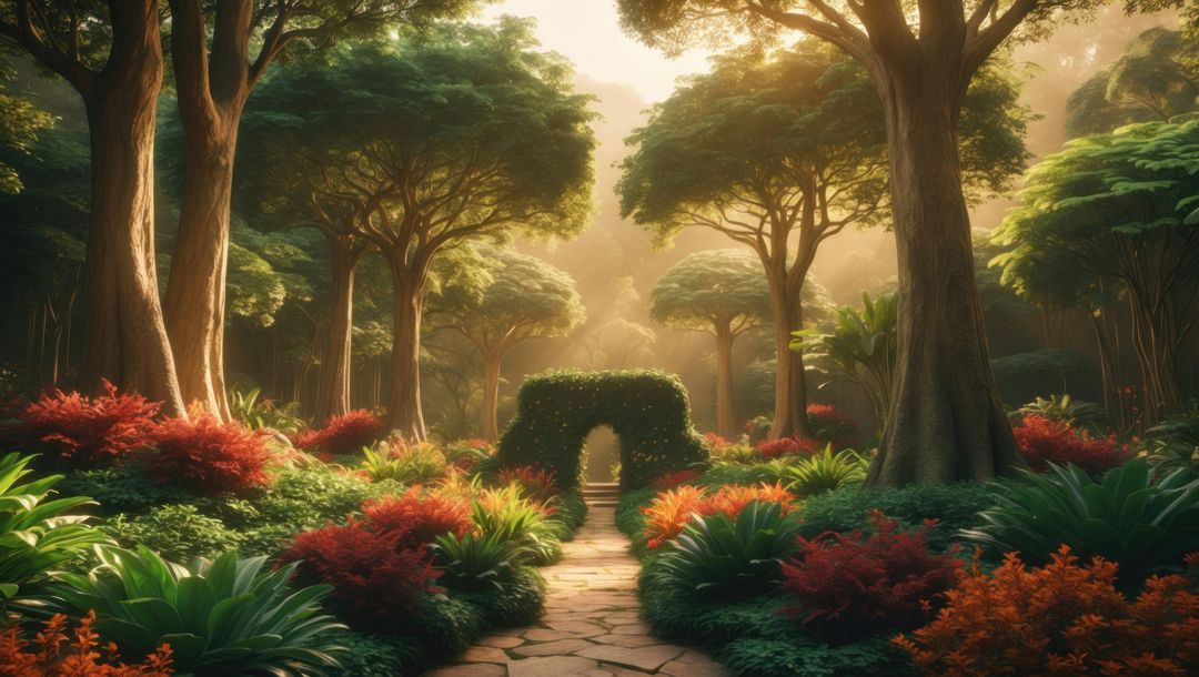 Pathway through magical forest garden with vibrant foliage, garden of eden concept