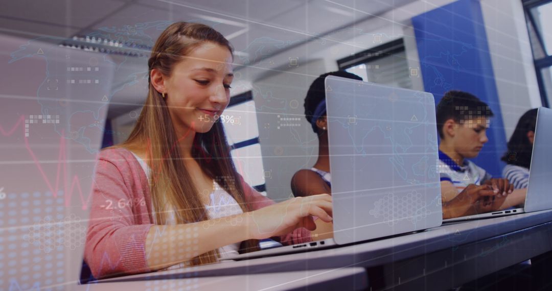 Students Learning Financial Investment on Laptops in Classroom