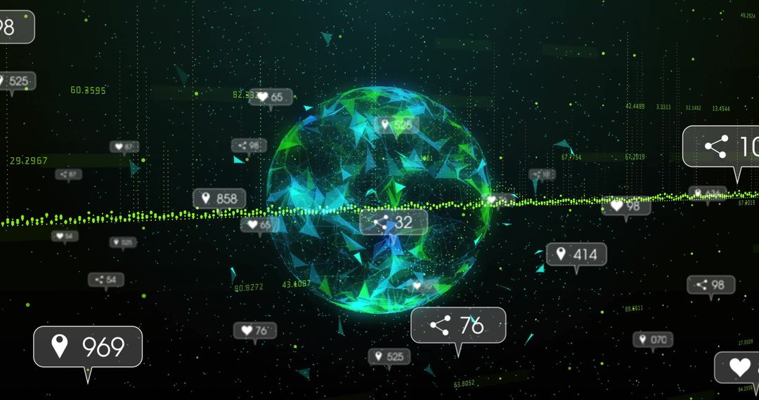 Wireframe Globe with Digital Social Media Interaction Icons