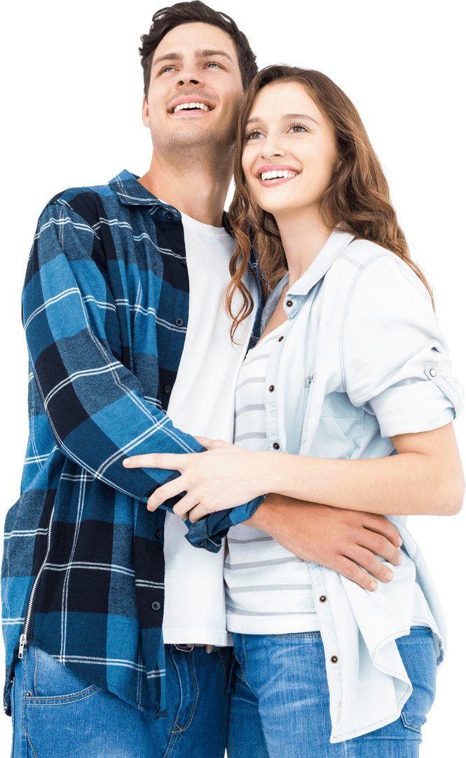Transparent Couple Smiling and Looking Away in Casual Attire