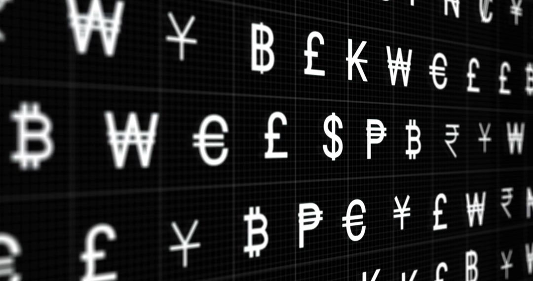 Currency Symbols Matrix on Black Background Display