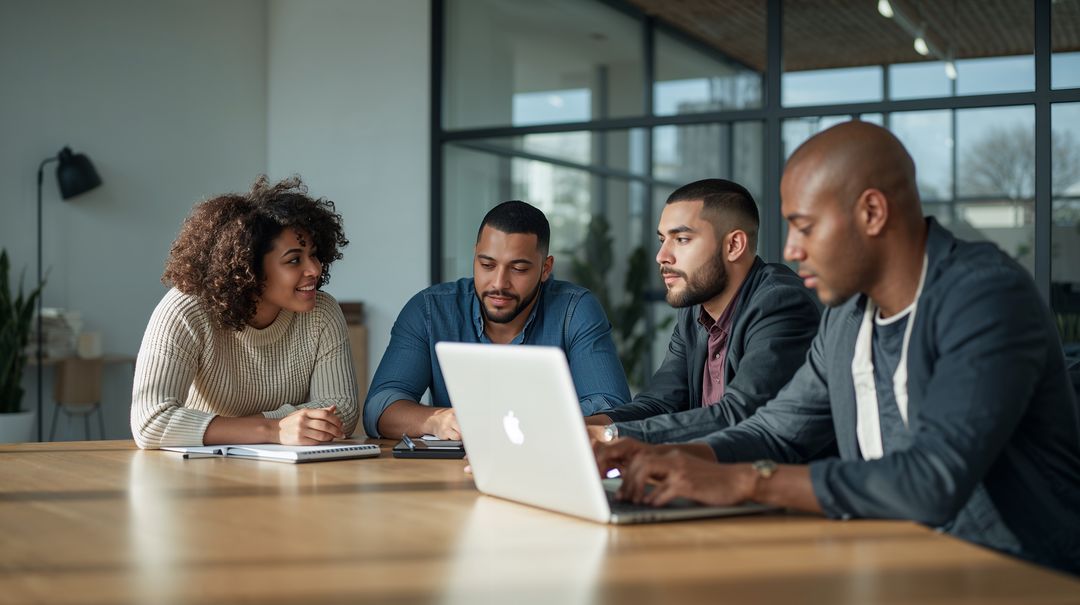 Collaborating team leaning in around laptop discussing strategy in modern glass office