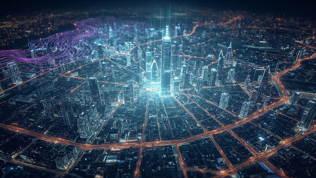 Futuristic Smart City at Night with Neon Data Streams