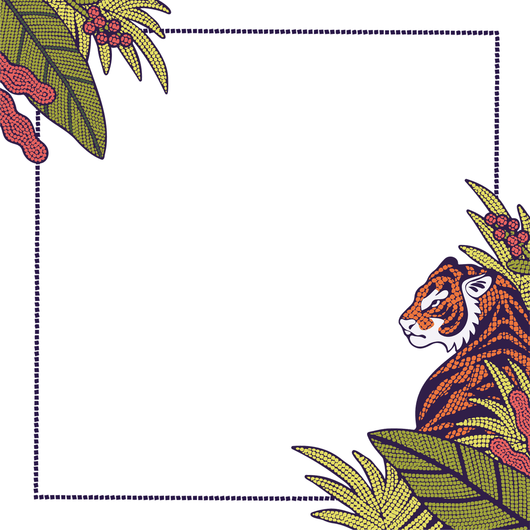 Decorative Flat Jungle Tiger and Leaf Transparent Border Design