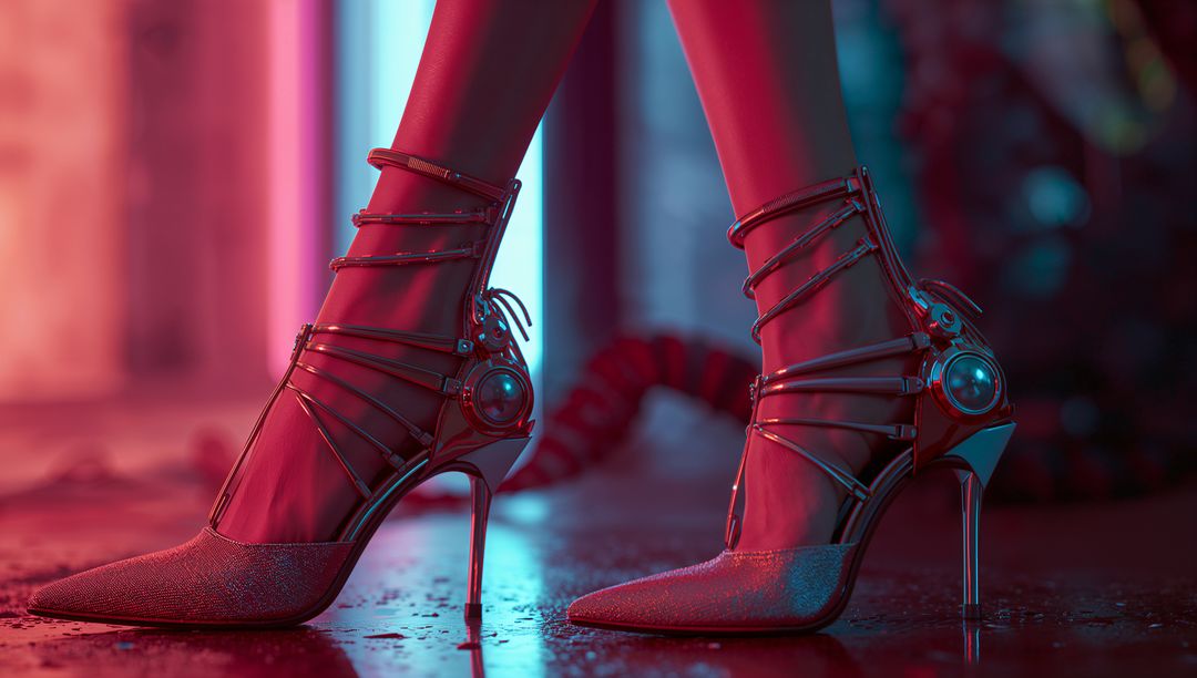 Futuristic High-Tech Heels in Neon Cyberpunk Atmosphere