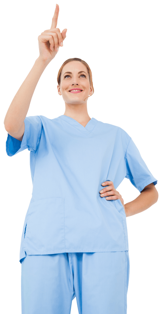 Smiling Nurse Pointing Upward on Transparent Background