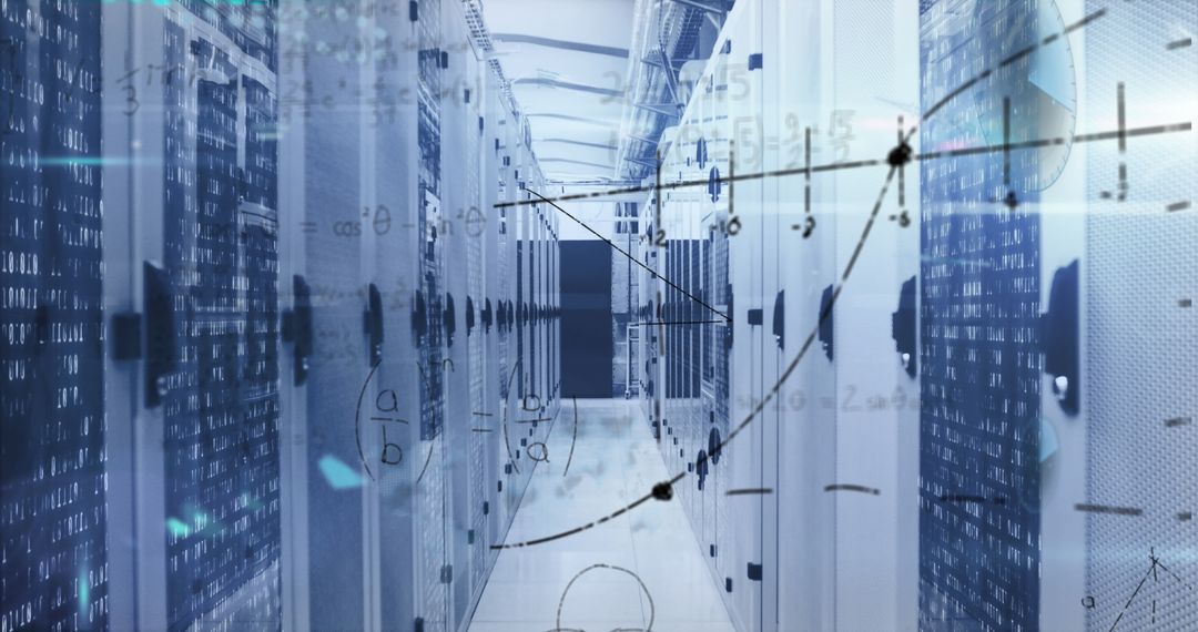 Data Center with Superimposed Mathematical Equations Representing Technology Innovation