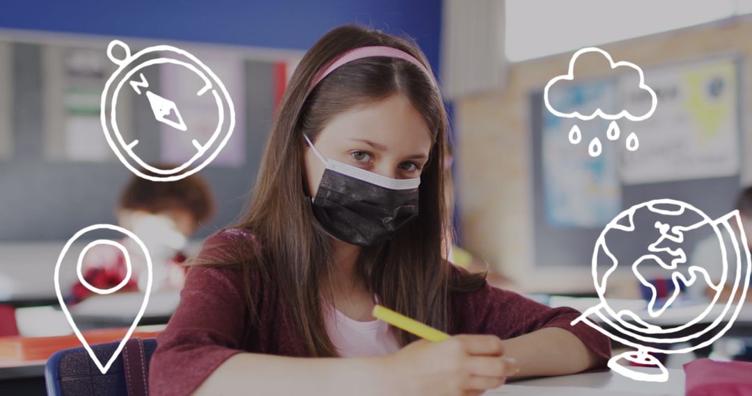 Young Student Wearing Mask in Classroom with Educational Icons