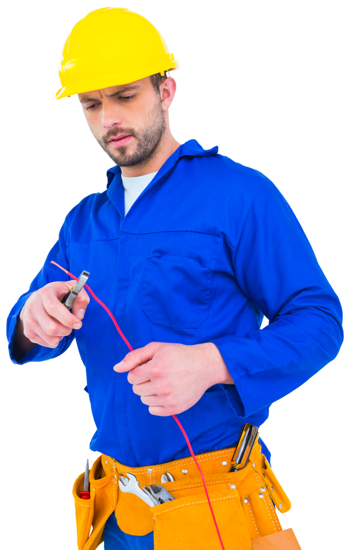 Transparent image of focused electrician cutting wire with pliers - Download Free Stock Images Pikwizard.com