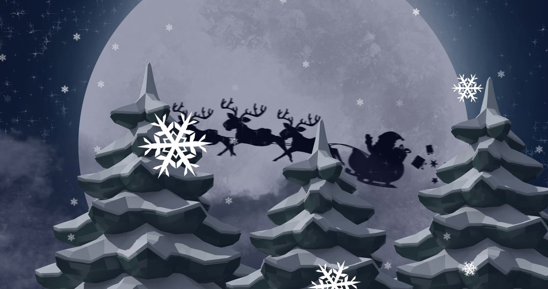 Santa Claus Flying Past Moon with Reindeer in Winter Wonderland