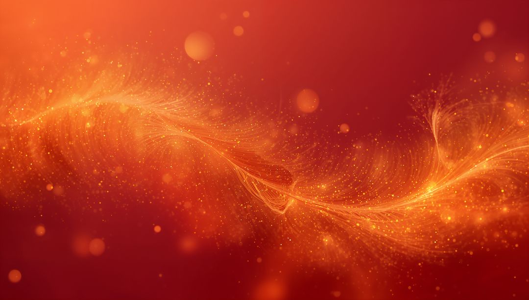 Abstract Radiant Crimson Featherlight Ribbon Flowing with Golden Particles and Bokeh Glow