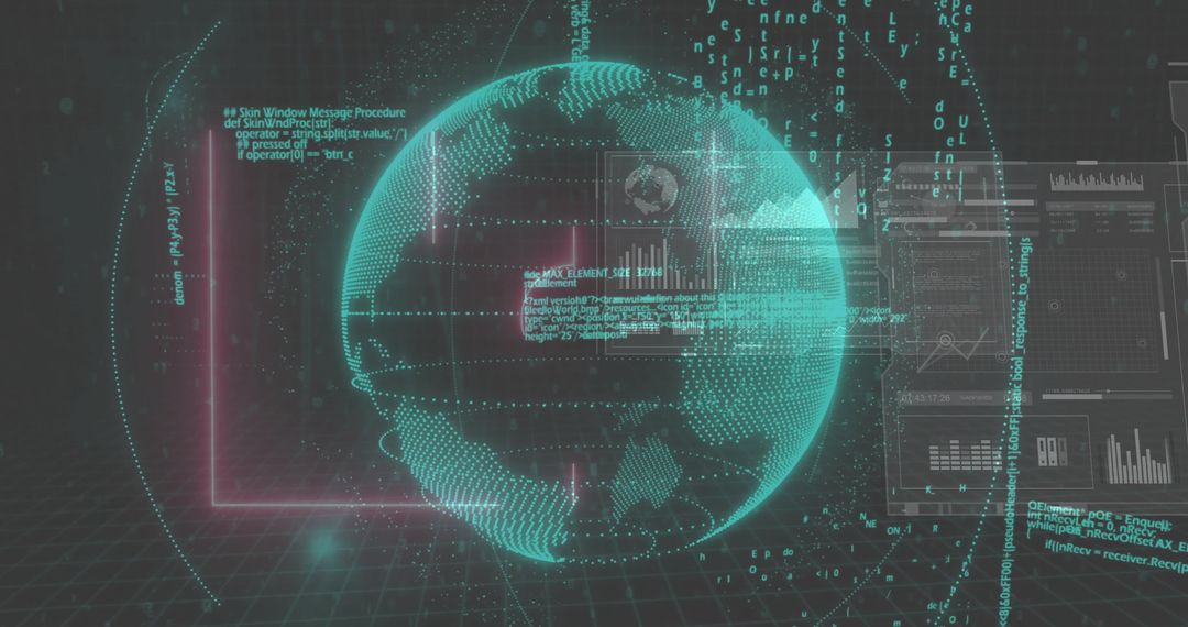 Futuristic Wireframe Globe with Digital Interface Panels