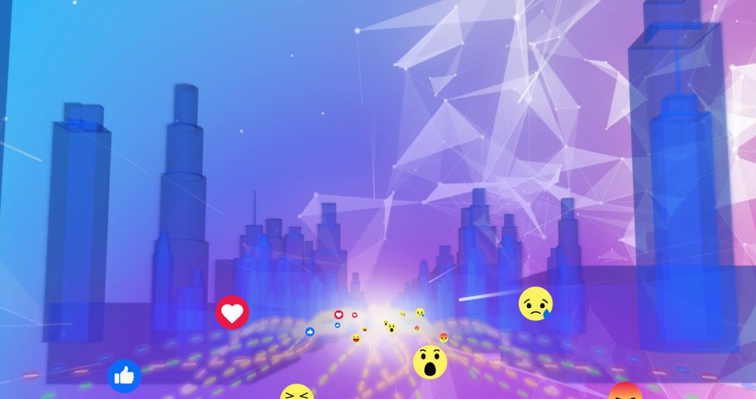 Futuristic Cityscape with Emojis and Digital Networks