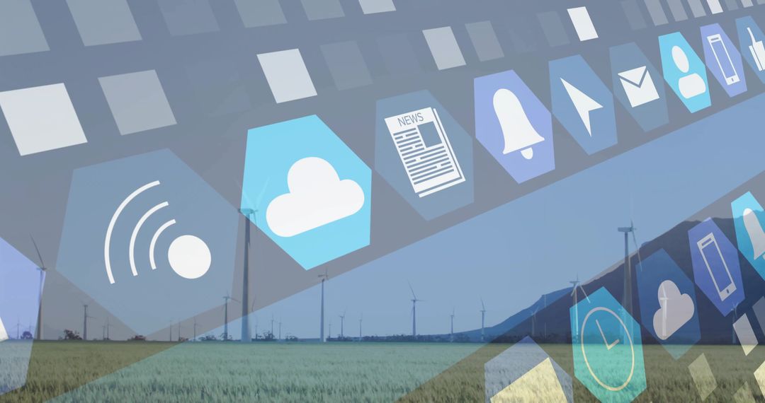 Smart energy user interface overlaying wind farm and farmland, renewable tech connectivity