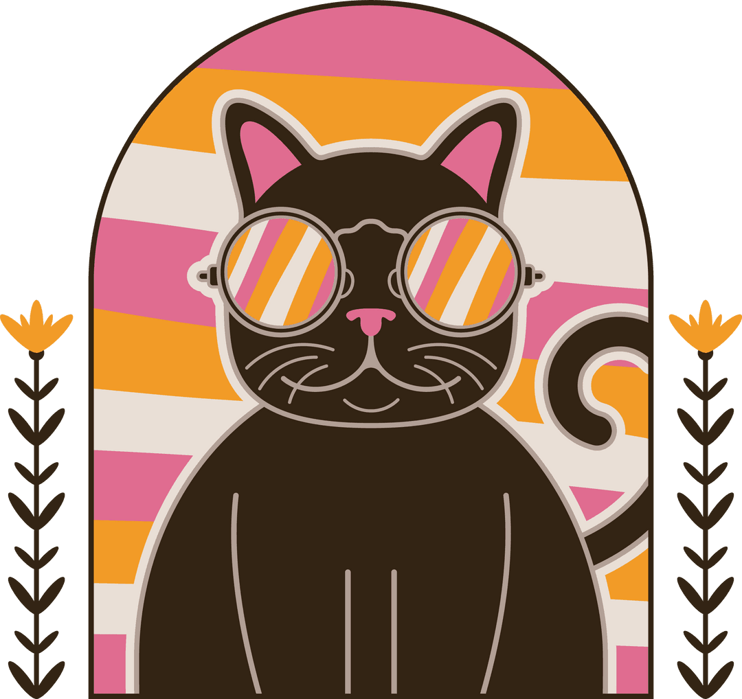 Whimsical Transparent Cat with Sunglasses and Flower Accents