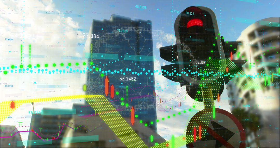 Red Traffic Light and Financial Data Overlay with Urban Backdrop