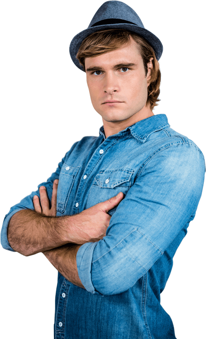 Serious Hipster in Denim and Hat with Crossed Arms on Transparent Background