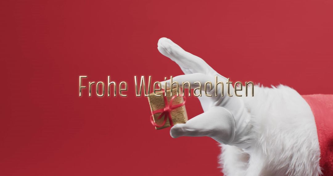 Santa Claus Holding Tiny Gift with 'Frohe Weihnachten' Message on Red