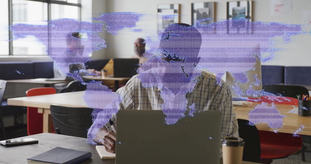 Global Teamwork in Modern Office with Digital World Map Overlay