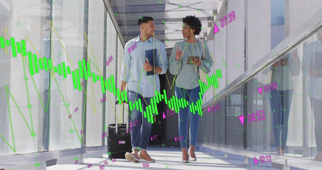 Diverse Coworkers Discussing Business With Digital Charts Overlay