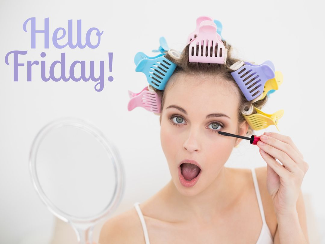 Surprised Woman with Hair Rollers Applying Makeup Celebrating Friday - Download Free Stock Templates Pikwizard.com