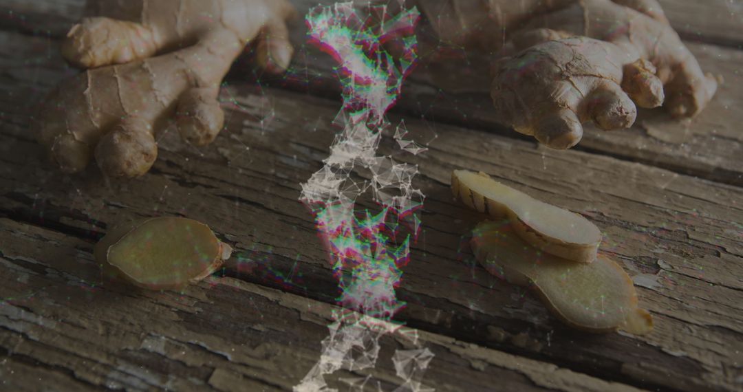 Fresh Ginger Root With Rustic Slices on Wooden Table
