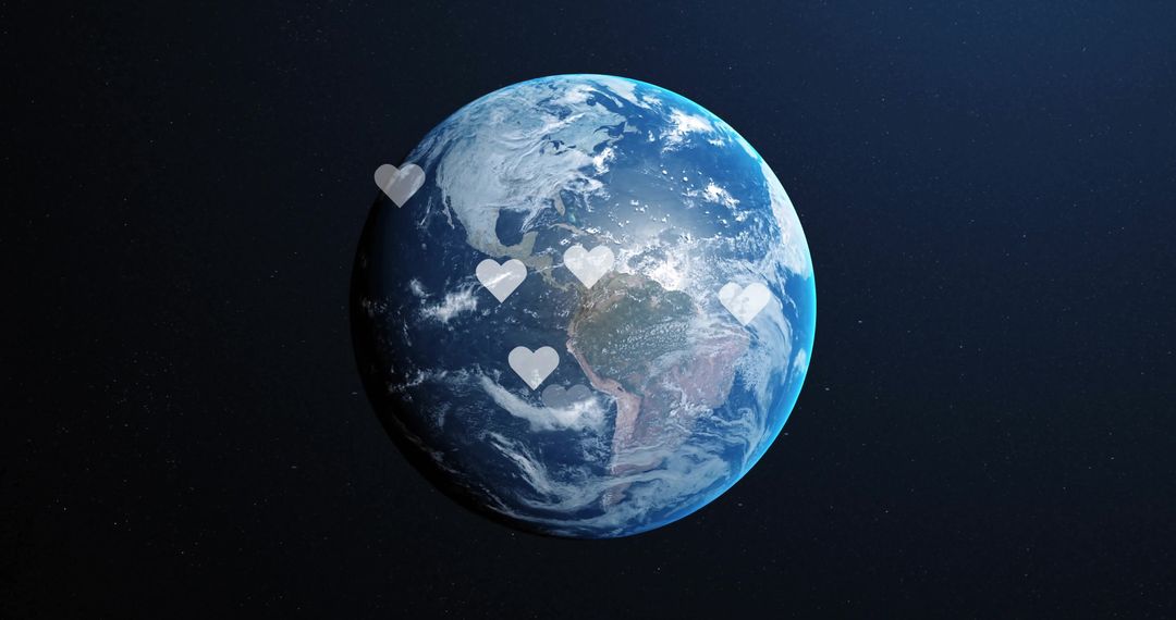Earth in Space with Floating Digital Heart Icons