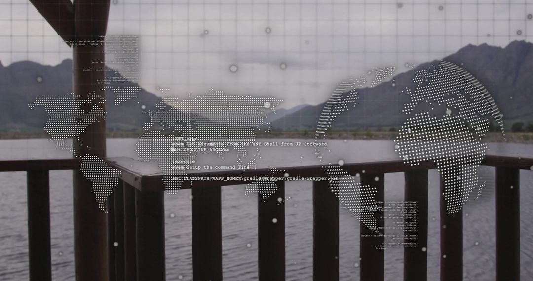 Technology Overlay Merging with Scenic Lakeside and Mountains