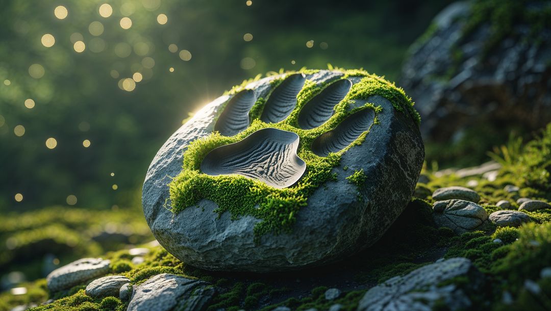 Serenity in Nature: Mossy Rocks with Water-Filled Paw Prints