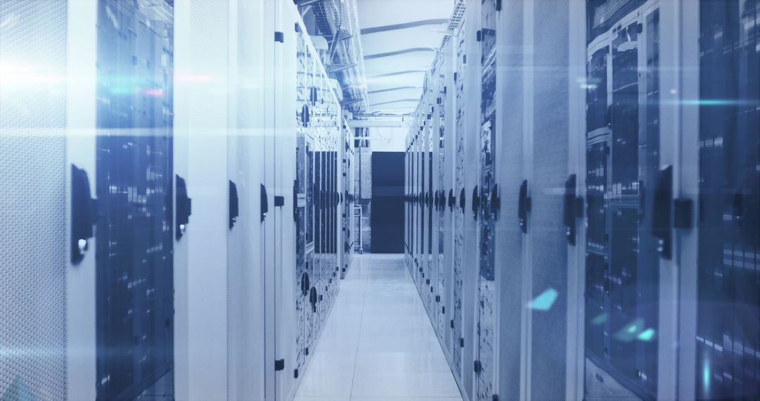 Futuristic Data Center with Digital Overlay and Cloud Computing Concept