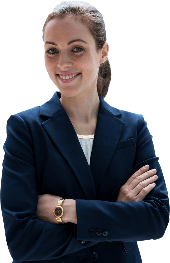 Transparent Businesswoman with Crossed Arms Smiling Boldly