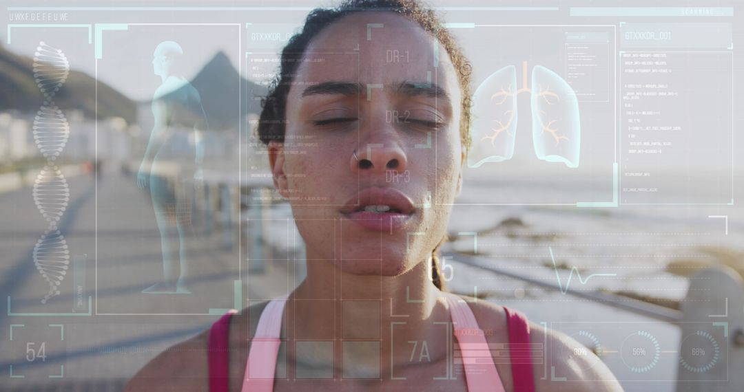 Digital Interface Overlaying Woman in Outdoor Fitness Routine