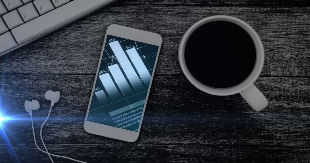 Smartphone with Financial Graphs on Rustic Wooden Surface