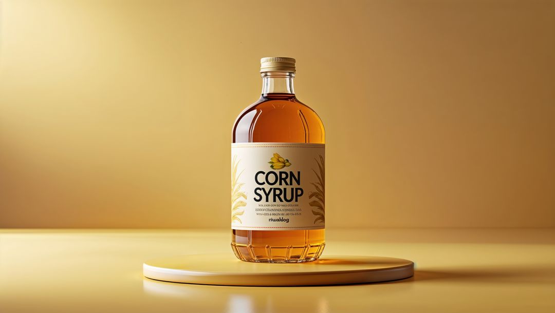 Transparent Glass Bottle of Corn Syrup on Yellow Podium