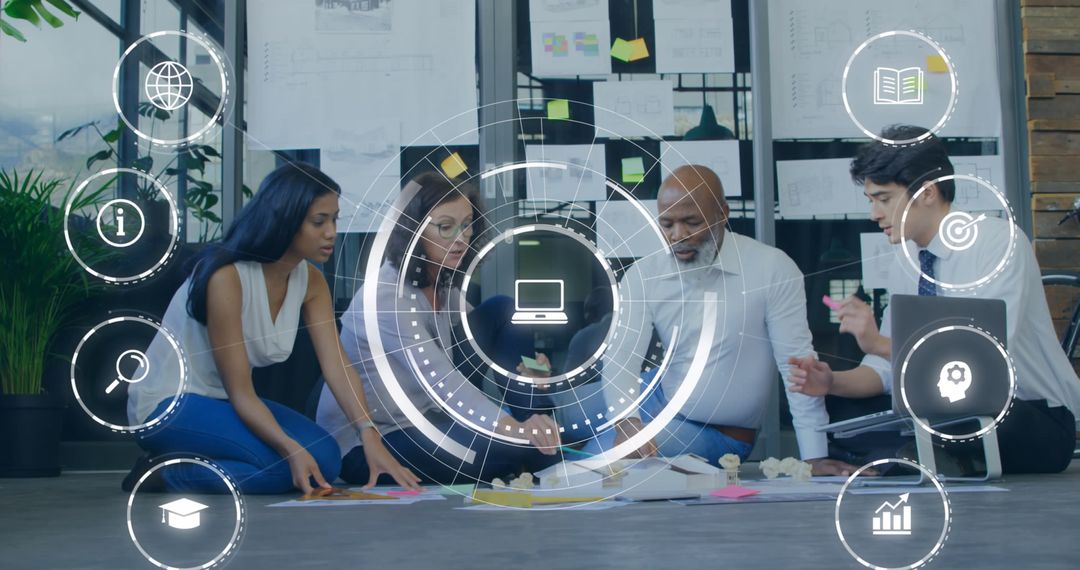 Diverse Colleagues Collaborating with Digital Interface Circles Overlay