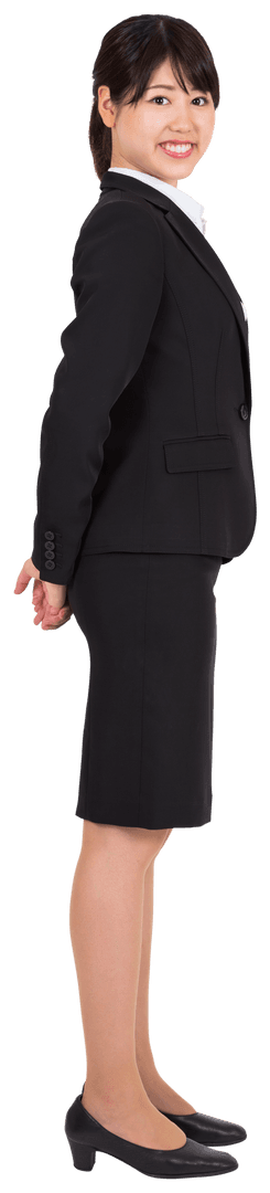 Transparent Businesswoman in Professional Attire Smiling Tall
