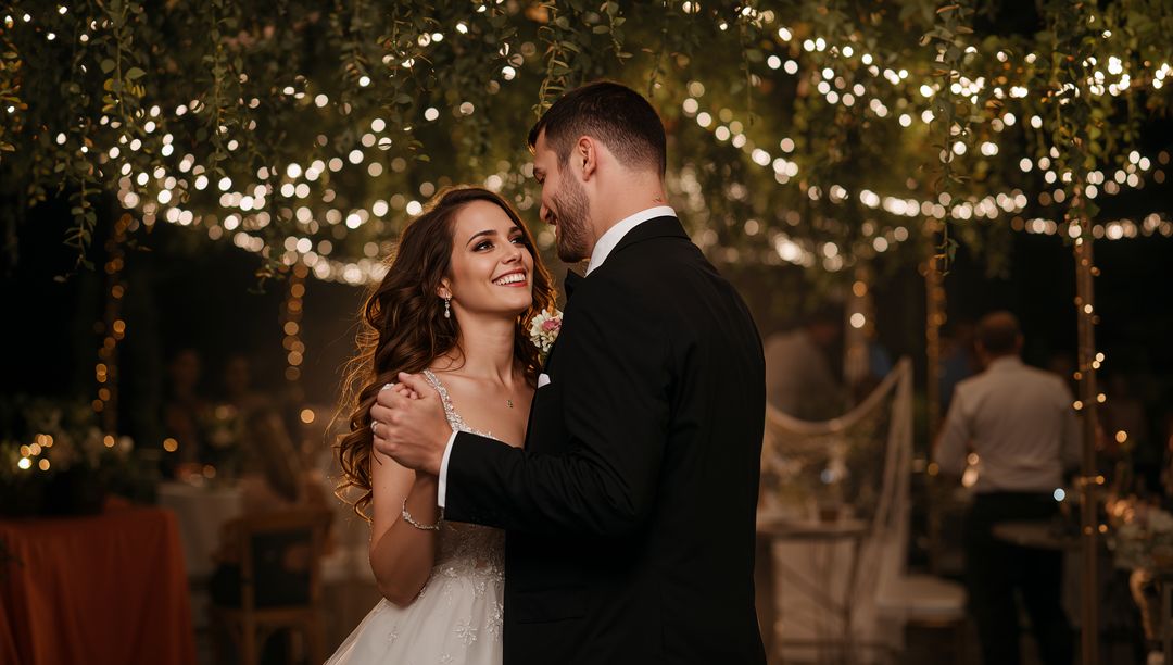 Newlyweds Dancing Under Twinkling Garden Lights During Romantic First Dance