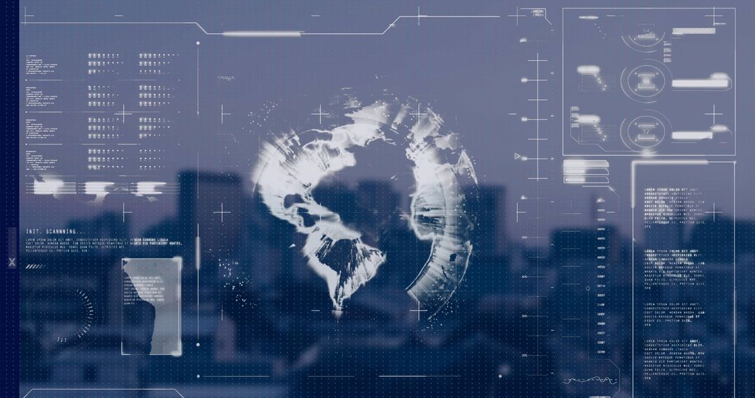 Futuristic Digital Interface Overlaying Urban Skyline