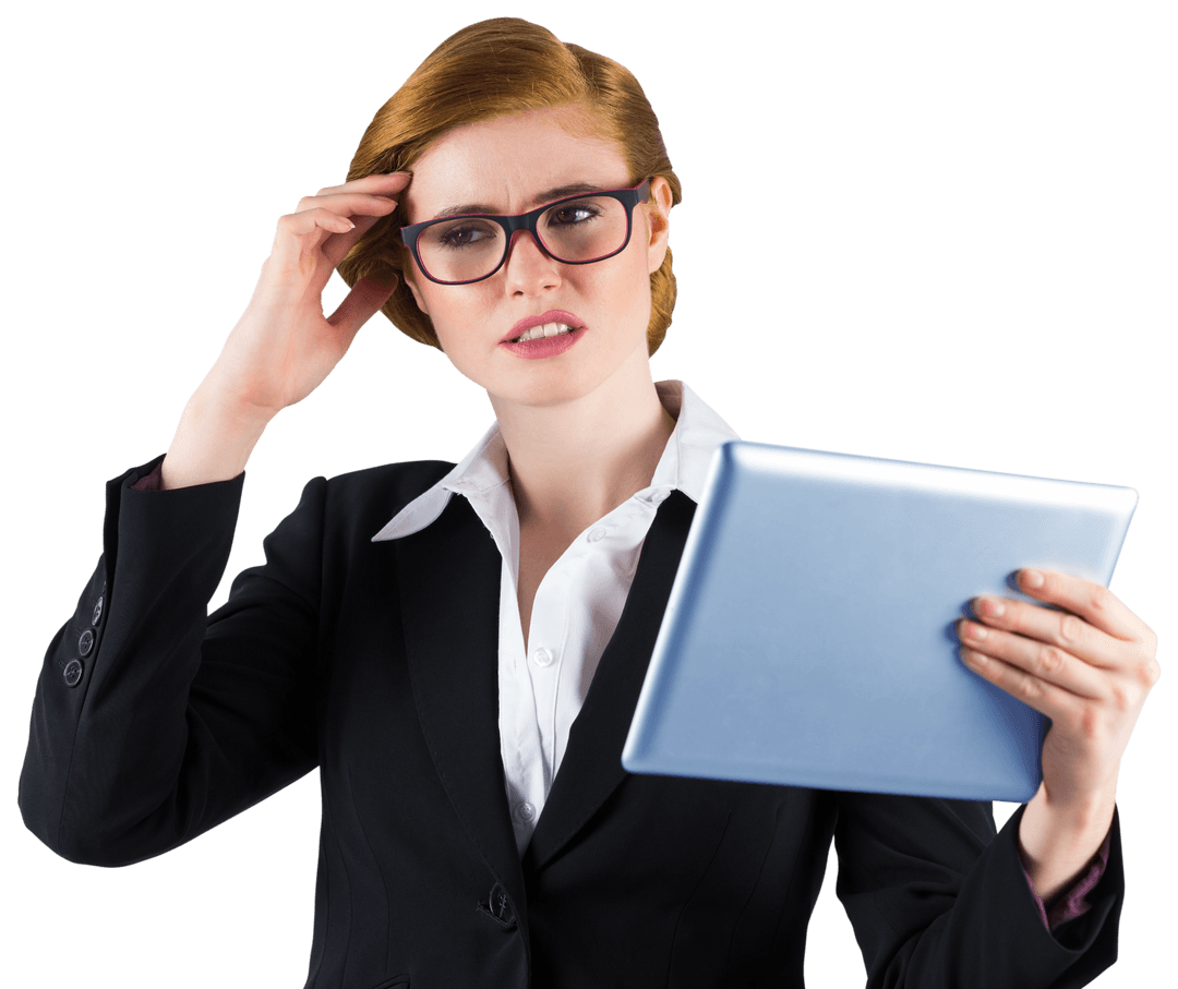 Focused Redhead Businesswoman Analyzing Digital Tablet Transparent Background