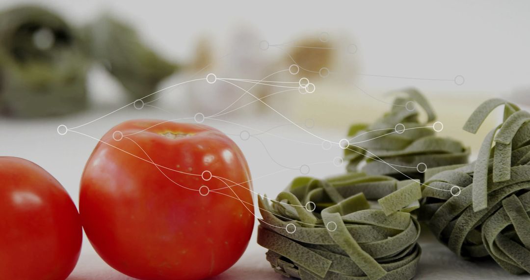 Fresh Tomatoes and Green Pasta with Digital Network Overlay
