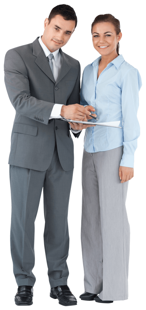 Transparent Young Business Partners Collaborating with Clipboard