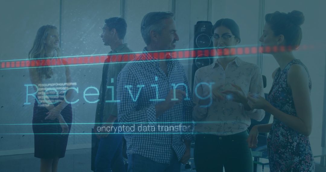 Team Collaborates in High-tech Office with Data Overlay