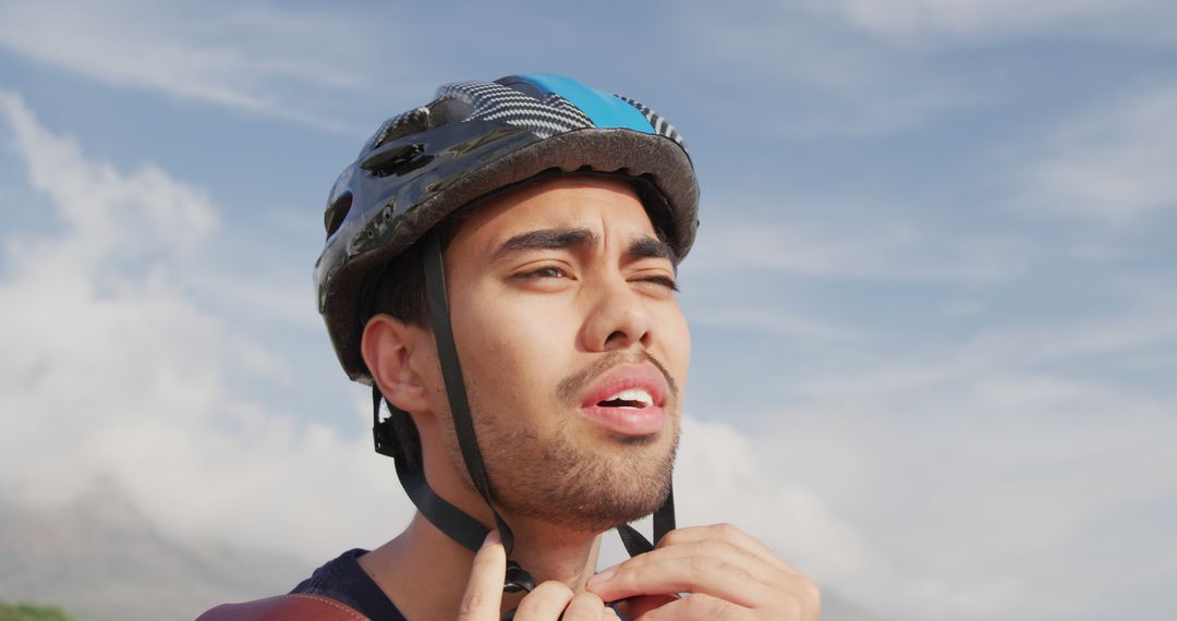 Young Man Adjusting Bicycle Helmet under Blue Sky - Free Images, Stock Photos and Pictures on Pikwizard.com