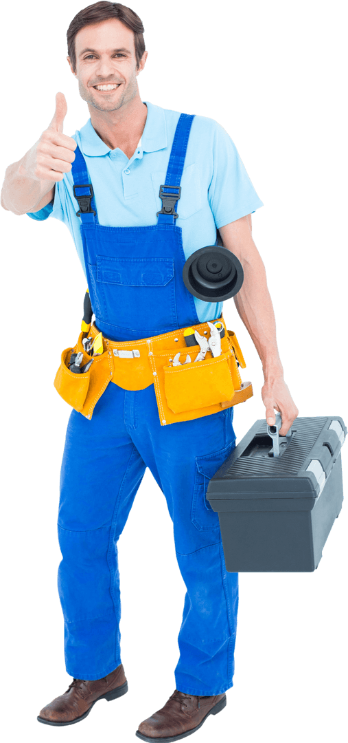 Transparent Cheerful Plumber Gesturing Thumbs Up with Toolbox