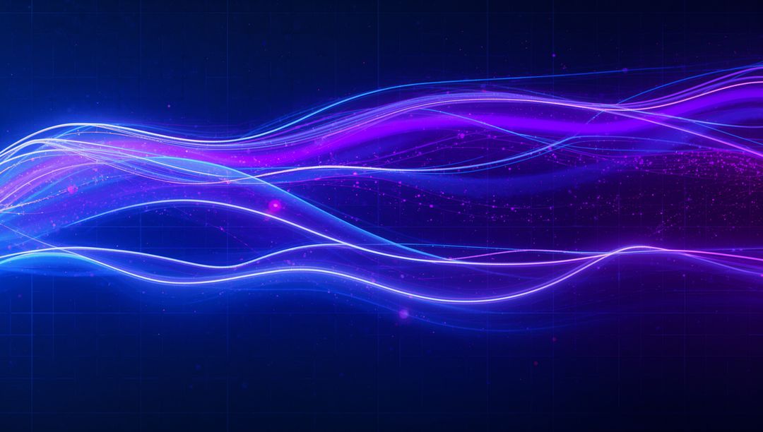 Curved Neon Waves on Dark Background with Glowing Particles